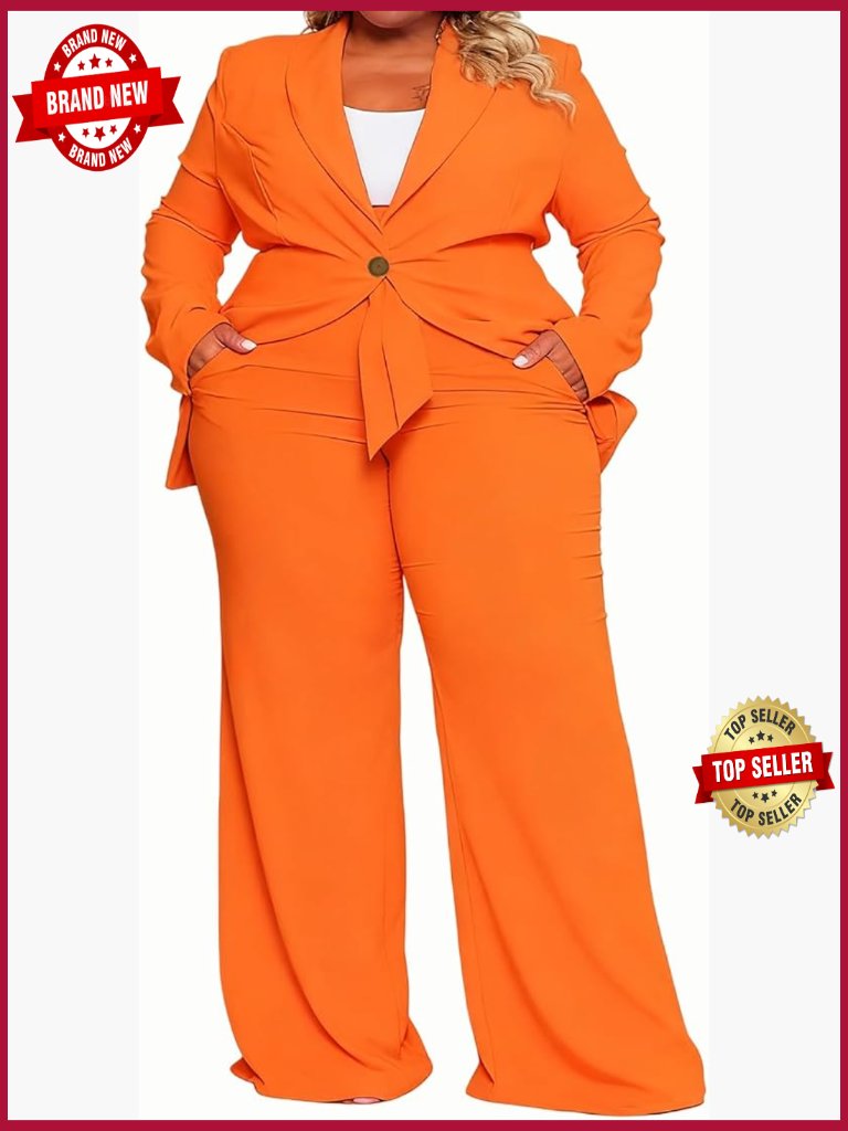 Plus Size 2 Piece Pant Suit Set Open Front Blazer Wide Leg Pants Business Casual
